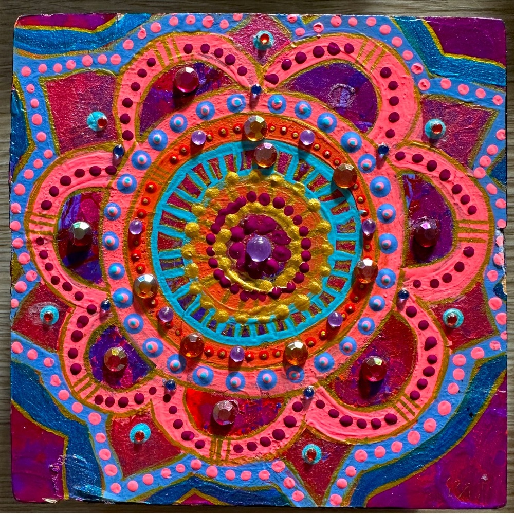 Vibrant mandala lotus on canvas mixed media one of a kind wall art 4” x 4”